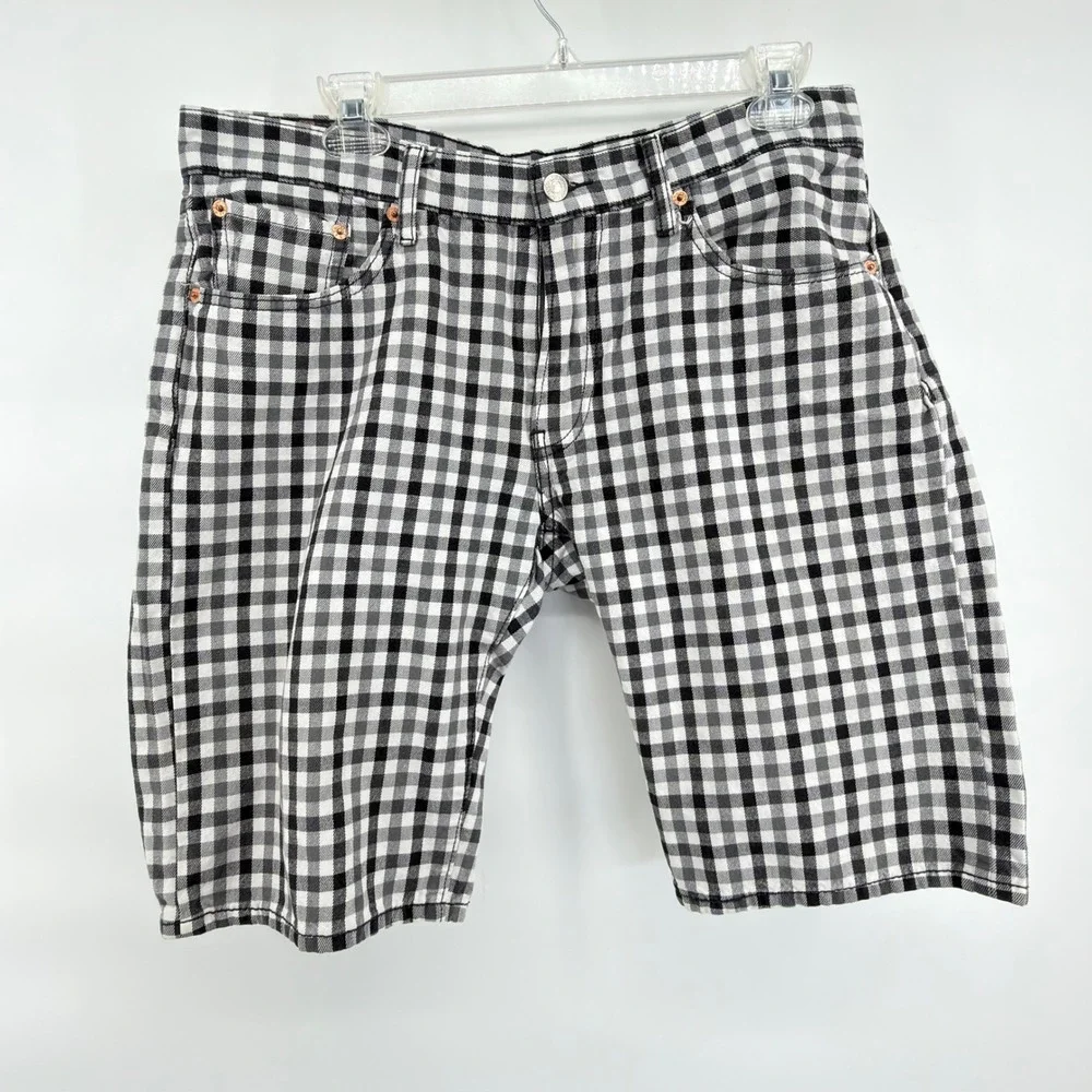 Levi's 504 Shorts Mens 34 Black White Gingham Check Plaid Regular Fit Cotton